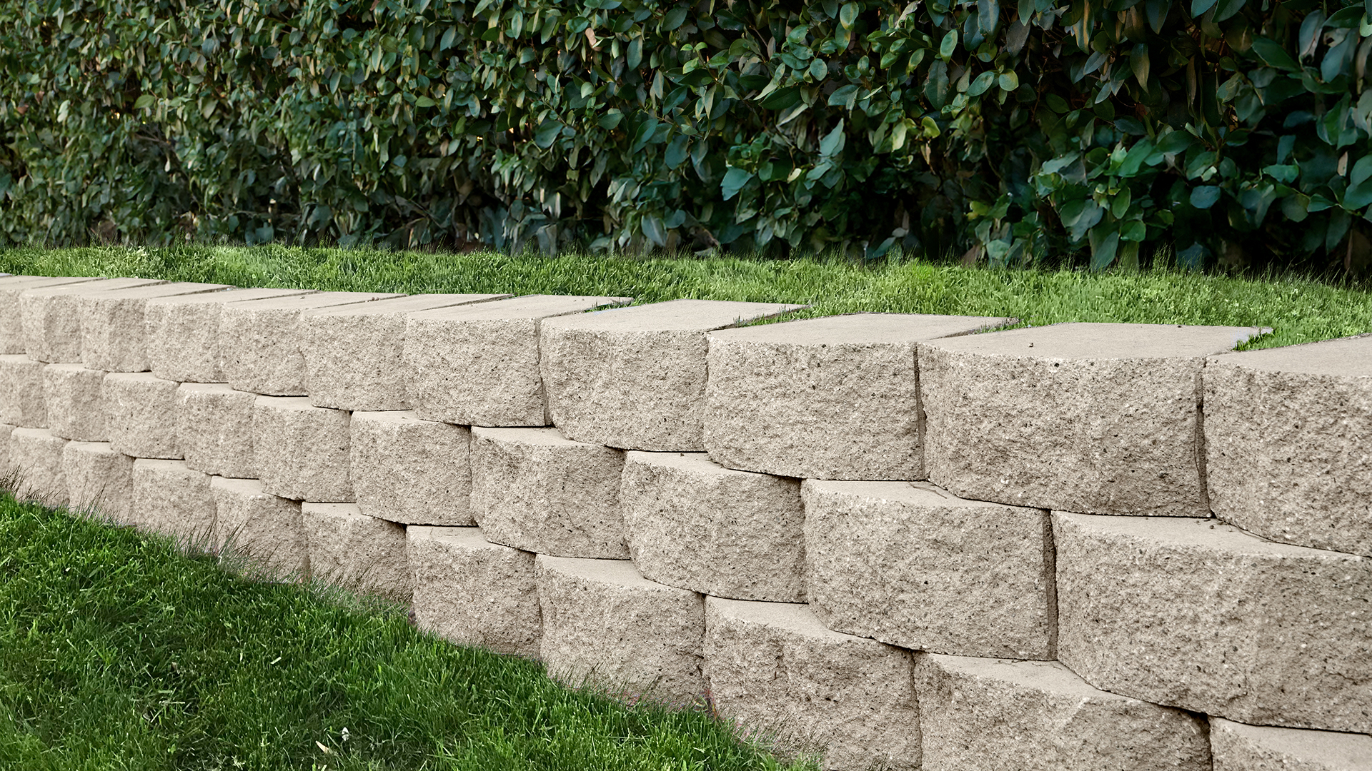 Single-tier retaining wall made with 16-inch Planter Wall blocks in Solid Tan, installed in a running bond pattern. The wall supports a neatly trimmed lawn above and is set against a dense green hedge, with manicured grass in the foreground.