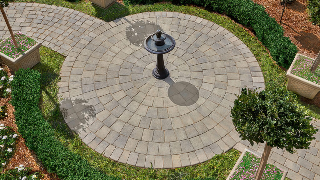 Circular patio features the Antique Cobble Circle package in Gray-Moss-Charcoal, centered around a black pedestal birdbath. Surrounding pathways use Antique Cobble I and II pavers laid in a random runner pattern, framed by manicured hedges, flower planters, and blooming garden beds.