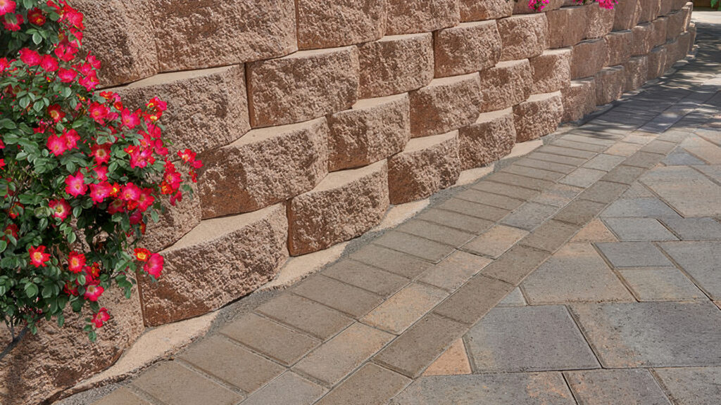 Tan 16-inch planter wall in a common bond pattern with vibrant red flowers in the foreground. The paving features Courtyard Combo pavers in Tuscan laid in a 45-degree random ashlar pattern. Borders include a Holland Mocha soldier course, followed by Holland Tuscan and Holland Mocha in running bond patterns.