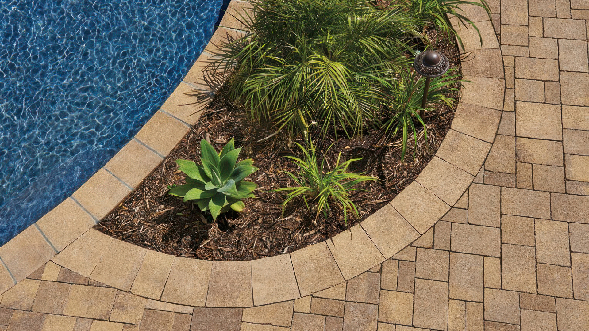 Close-up view of a poolside patio featuring Sand-Stone-Mocha Castle Cobble I & II pavers with a distressed finish, installed in an ashlar pattern. The design includes a coordinating Castle Cobble II border and matching pool coping. The scene is accented with a curved planting bed containing tropical greenery and a decorative landscape light.