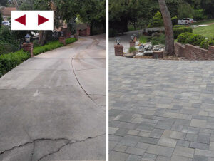 split image of before and after paving stone installation.