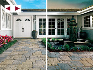 split image of home patio in day and sunset.