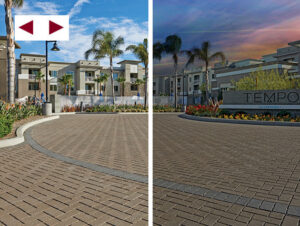 commercial project split image of day and sunset lighting.
