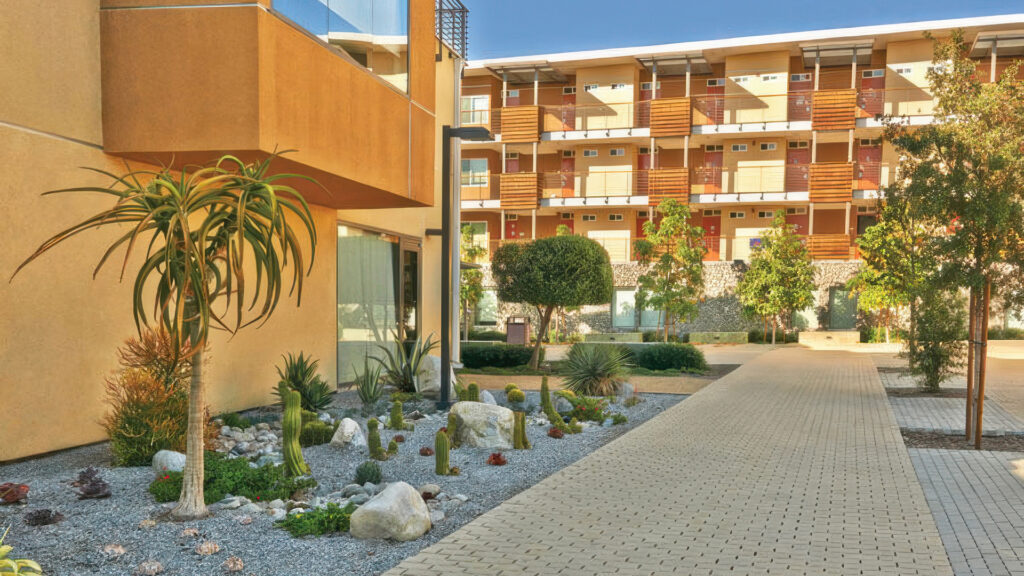 Courtyard of a modern residential complex with a permeable walkway paved in Sand and Moss Permeable Holland pavers laid in a running bond pattern. The path is surrounded by drought-tolerant landscaping with gravel, cacti, succulents, and ornamental trees. A multi-story building with wood-accented balconies forms the backdrop under warm, golden sunlight.