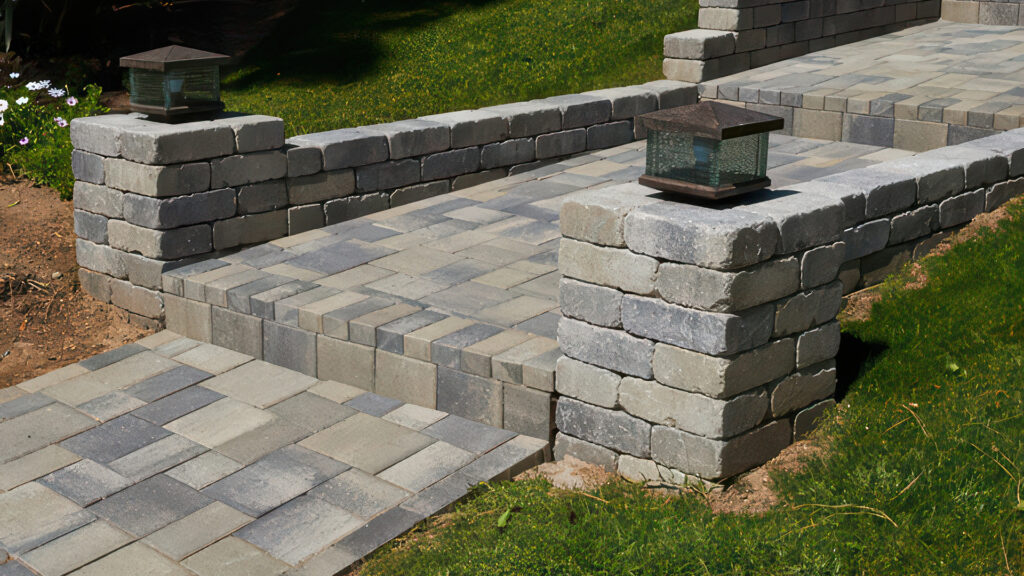 Elegant garden pathway with steps and columns built from Gray-Moss-Charcoal Rustic Wall blocks, topped with decorative lanterns. The walkway and steps are paved with Sand-Stone-Mocha Courtyard Stone in a coordinated ashlar layout, blending naturally into the surrounding green lawn and flower beds.
