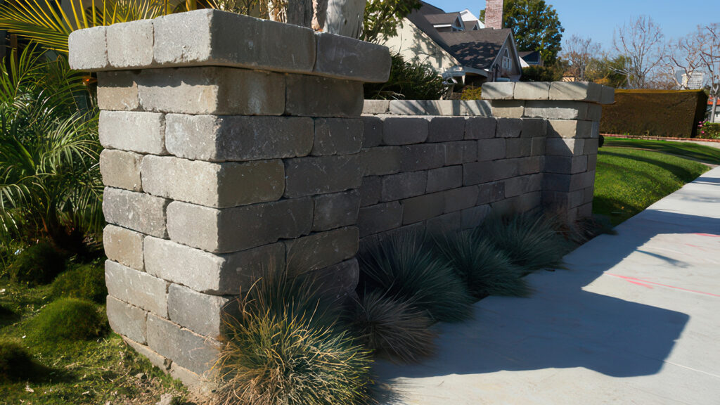 Decorative column and wall constructed with Rustic Wall blocks in Gray-Moss-Charcoal, forming a striking entry feature alongside a landscaped walkway bordered by ornamental grasses and palm foliage.