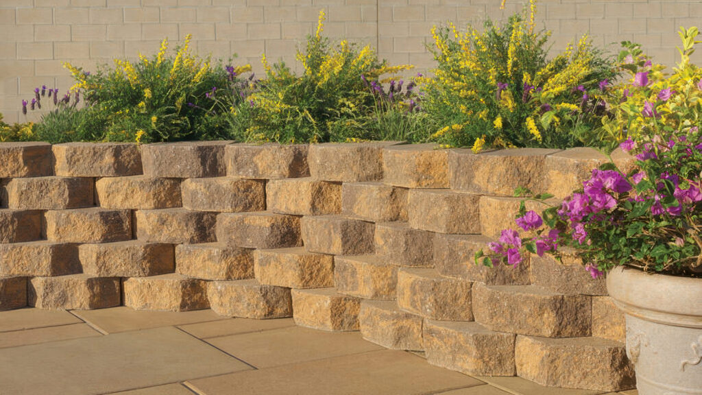 Sand-Stone-Mocha 12-inch planter wall installed in a common bond pattern, enclosing a raised garden with blooming yellow and purple flowers. The patio is paved with Sand-Copper-Stone Paseo I and II pavers arranged in a random ashlar pattern. A large decorative planter with vibrant magenta flowers is positioned in the foreground.