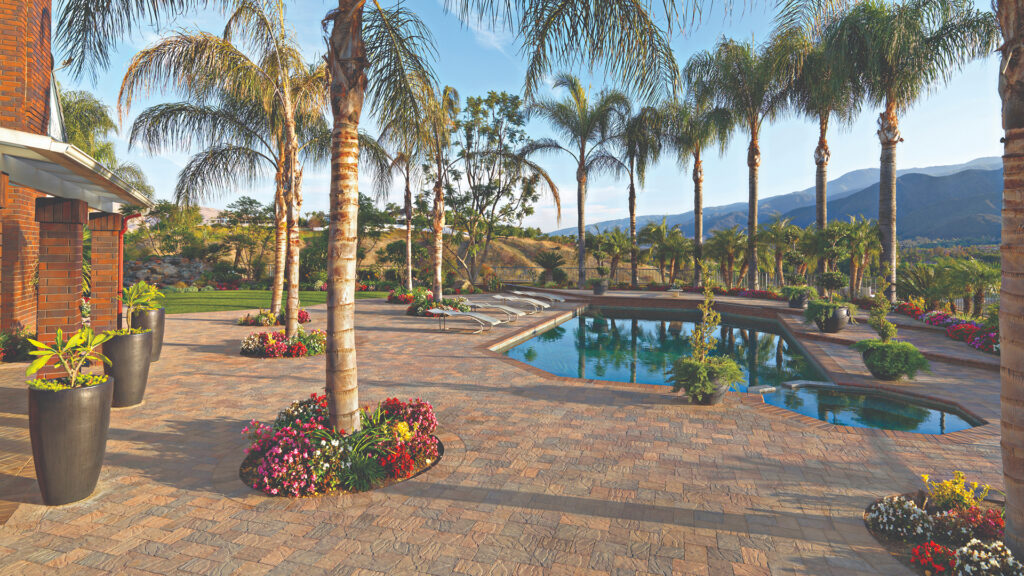 Elegant tropical-style backyard with a spacious patio featuring 6x9 Cream-Brown-Charcoal Slate Stone pavers installed in a herringbone pattern. The area is lined with tall palm trees, colorful flower beds, and large planters, surrounding a reflective swimming pool with views of distant mountains under a clear blue sky.