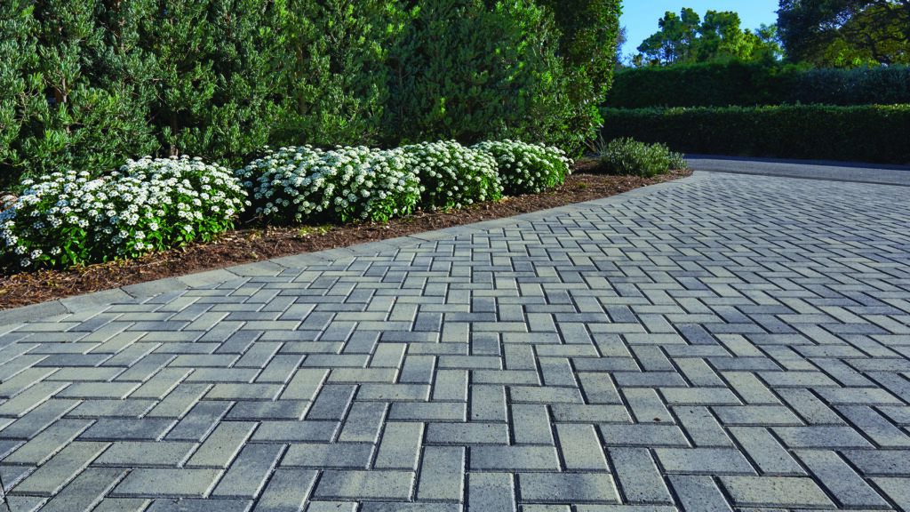 Gray and charcoal Holland concrete pavers installed in a herringbone pattern form a curved driveway bordered by white flowering shrubs, manicured hedges, and mature greenery, creating a clean and elegant residential landscape.